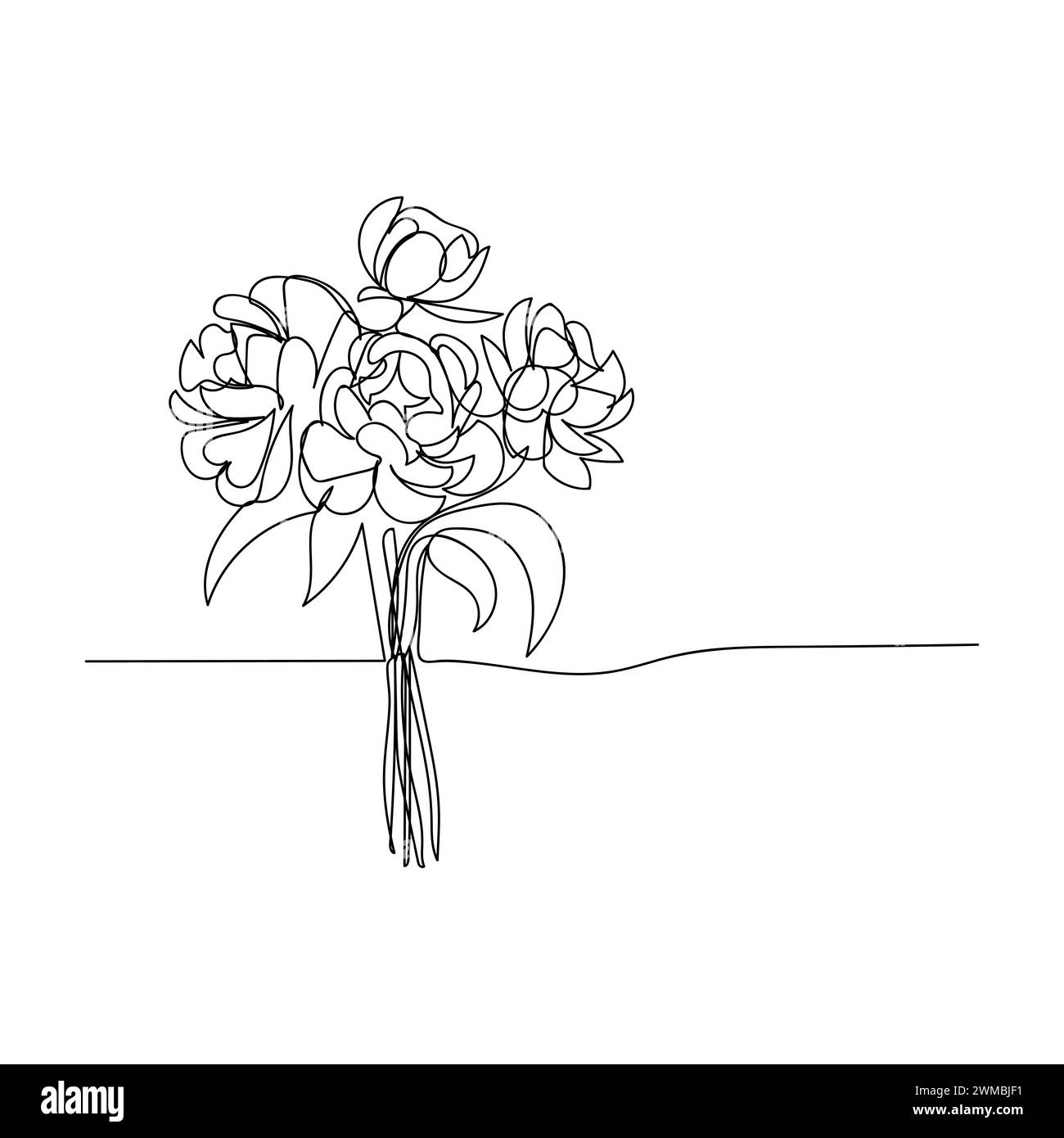 Strichkunst, Blumenstrauß Pfingstrosen Frühling und Sommer, Zeichnung mit einer Linie. Weißer Vektor-Hintergrund Stock Vektor