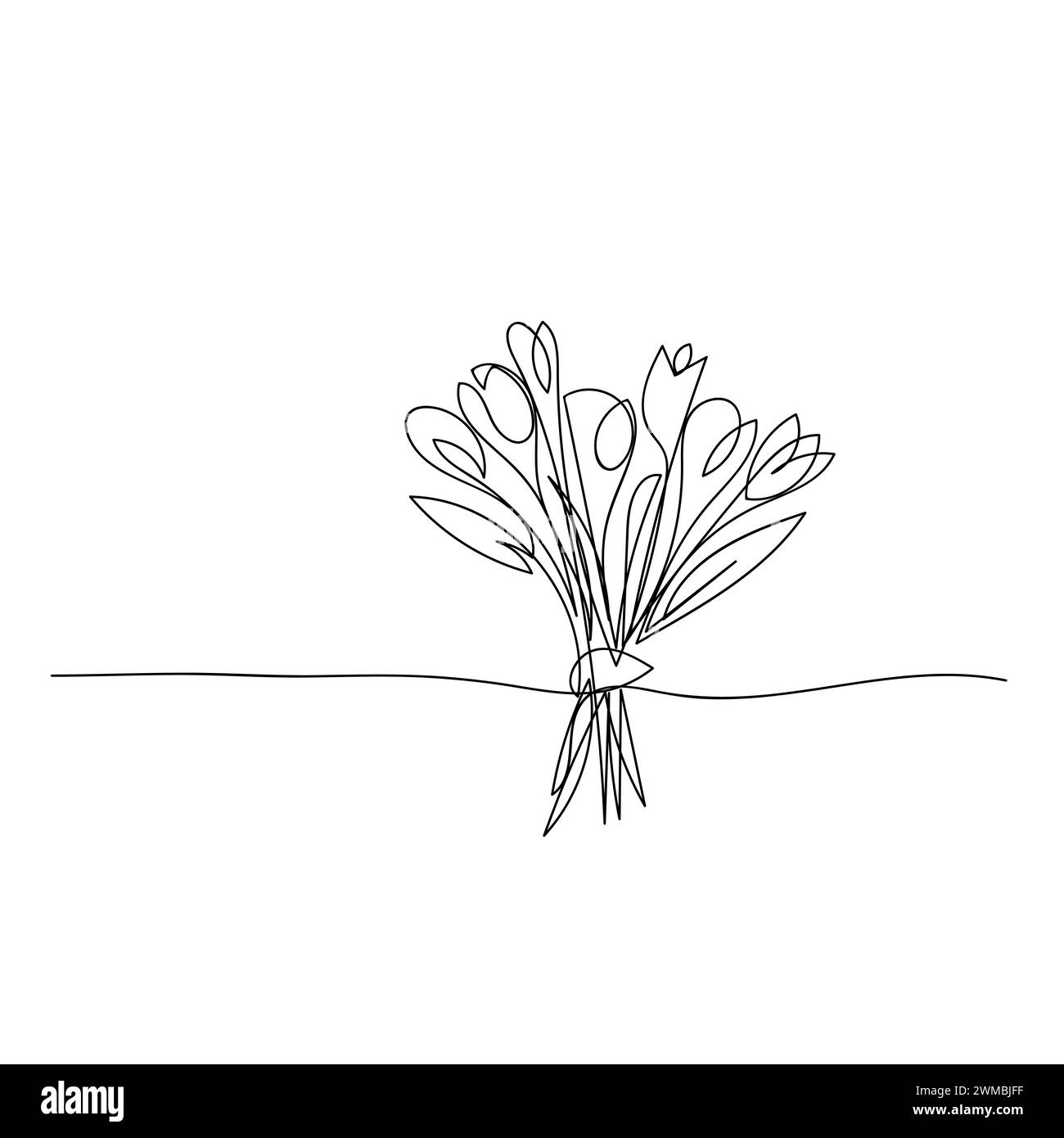 Strichkunst, Blumenstrauß Tulpe Frühling und Sommer, Zeichnung mit einer Linie. Weißer Vektor-Hintergrund Stock Vektor