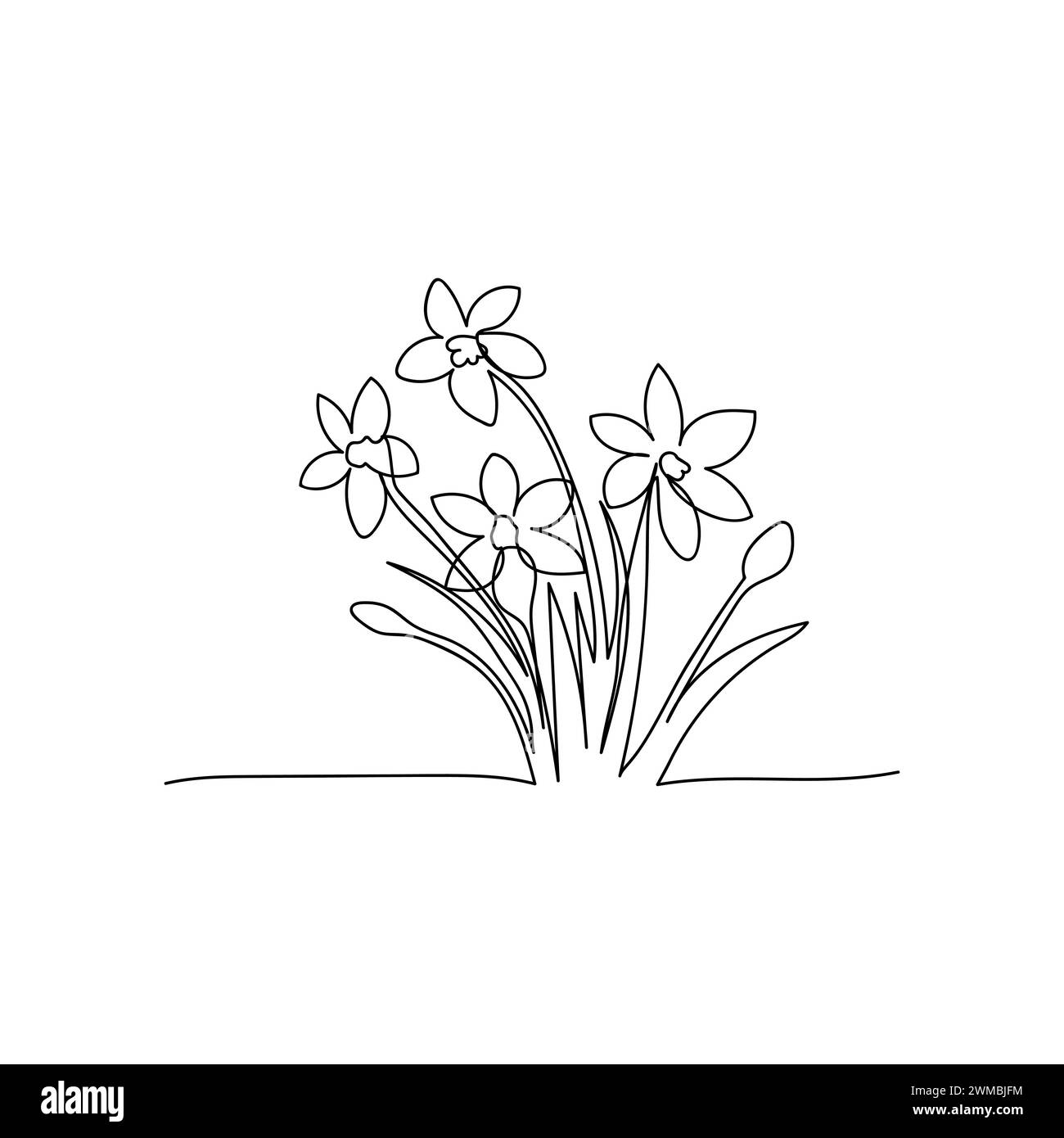 Strichkunst, Blumenstrauß Narzisse im Frühling und Sommer, Zeichnung mit einer Linie. Weißer Vektor-Hintergrund Stock Vektor