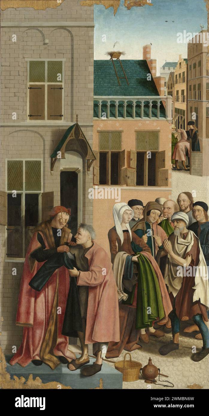 Die sieben Werke der Barmherzigkeit, Meister von Alkmaar, 1504er Erzählung, die zeigt, wie ein guter Christ Menschen in Not helfen sollte. Christus steht unter den Zuschauern in fast allen Tafeln. Stockfoto