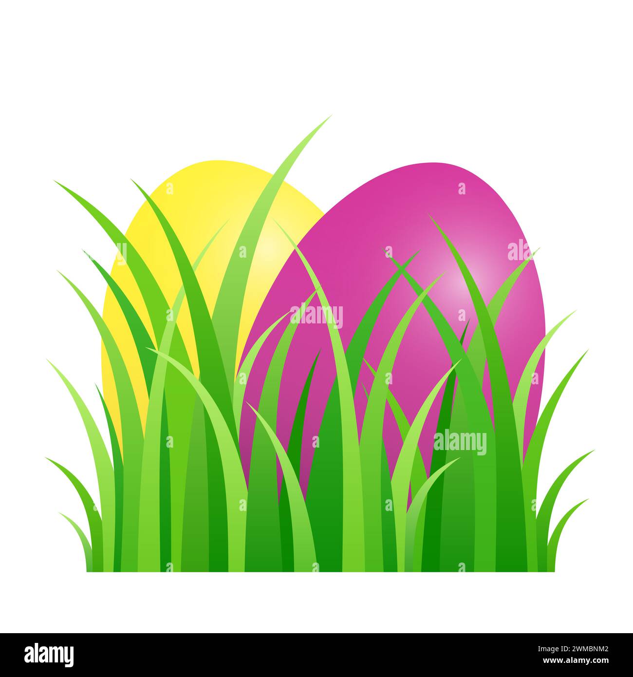 Ostereier versteckt im grünen Gras. Farbige Ostereier, auf einem Stück Rasen angeordnet. Ein Symbol für eine Eierjagd. Stockfoto