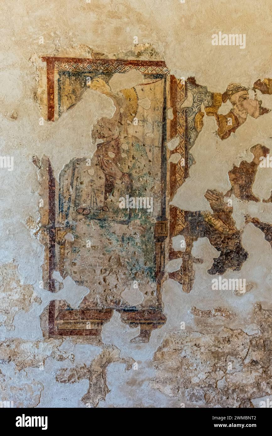Fresken der Kirche Santa Lucia im archäologischen Bereich von Balsignano (10. Jahrhundert), Stadt Modugno, Provinz Bari, Region Apulien im Süden von Ita Stockfoto
