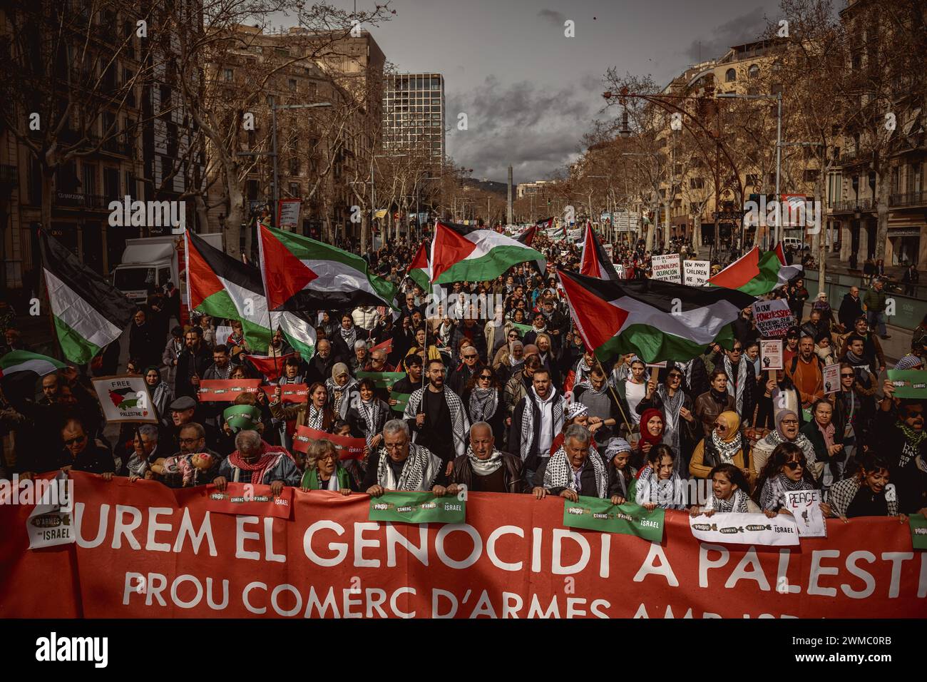 Barcelona, Spanien. Februar 2024. Demonstranten rufen Parolen aus Protest gegen die anhaltenden Angriffe Israels auf den Gazastreifen, die zu zahlreichen Todesfällen unter Zivilisten führten. Sie reagieren auf einen Angriff der islamistischen Organisation Hamas am 7. Oktober. Quelle: Matthias Oesterle/Alamy Live News Stockfoto