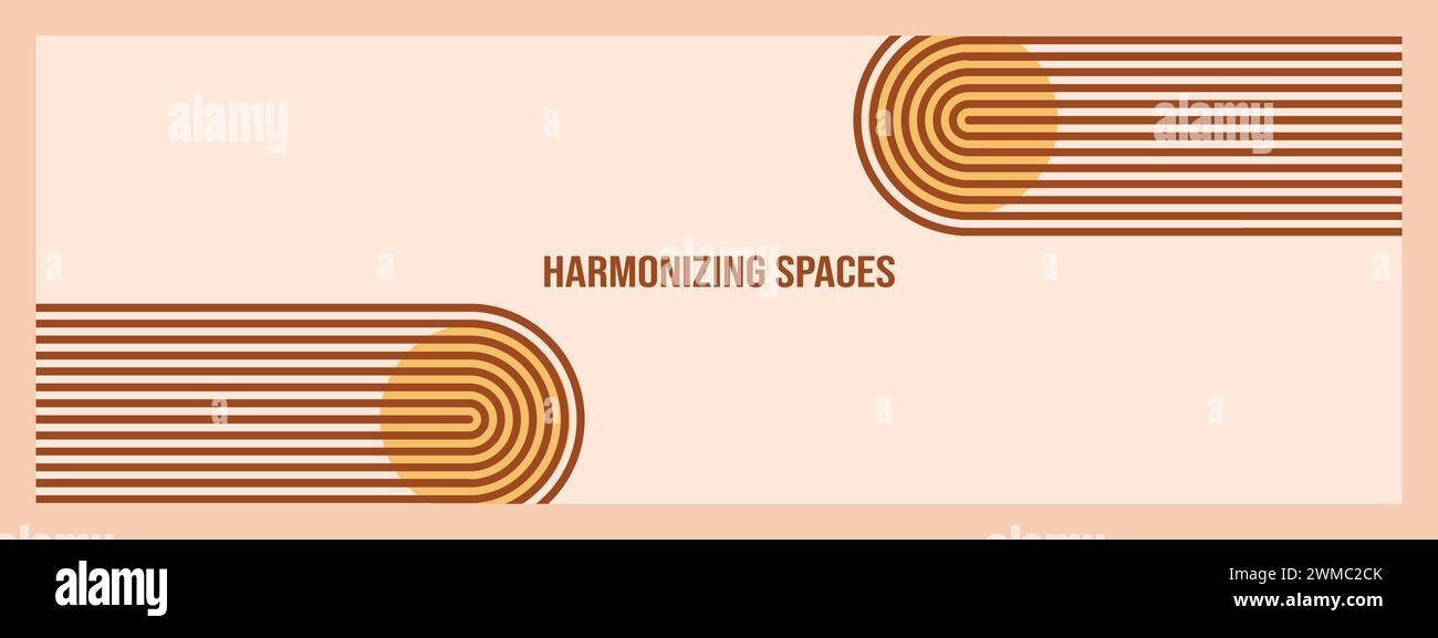 Minimalistische geometrische Zen-Bogen-Bannervorlage mit Text - Harmonzing Spaces. Abstrakte Boho-Formen in Retro-Ästhetik für vielseitige Designanwendungen. Vektorkonzeptkonstruktion. Stock Vektor