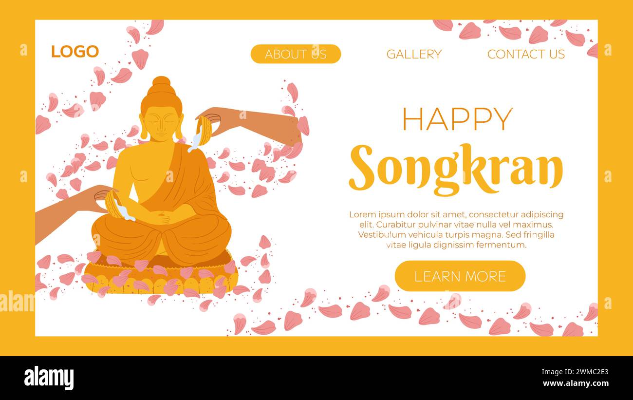 Songkran Festival, traditionelle Dusche die Mönchsskulptur, Thailand Neujahr. Baden der Buddha-Statue. Vektor-Landing-Page-Website-Vorlage in flachem Stil zum Feiern. Stock Vektor