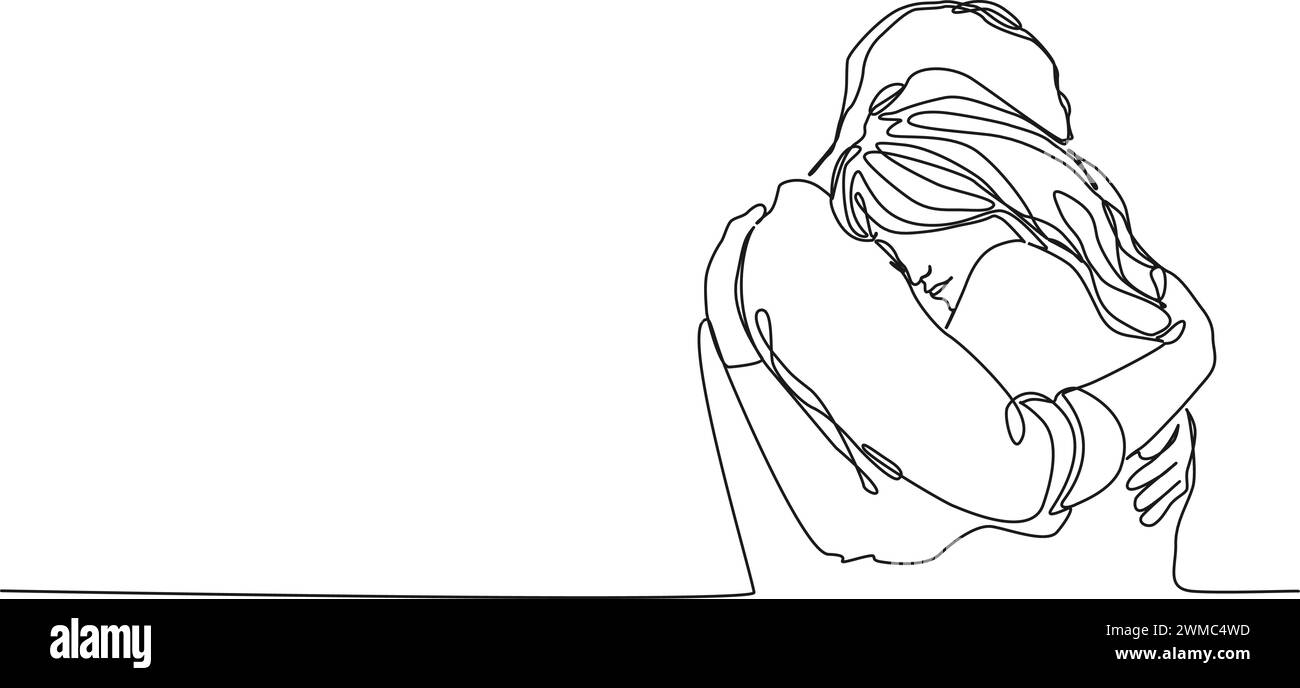 Ununterbrochene einzeilige Zeichnung von Mann und Frau, die sich umarmen, Linie Art Vektor Illustration Stock Vektor