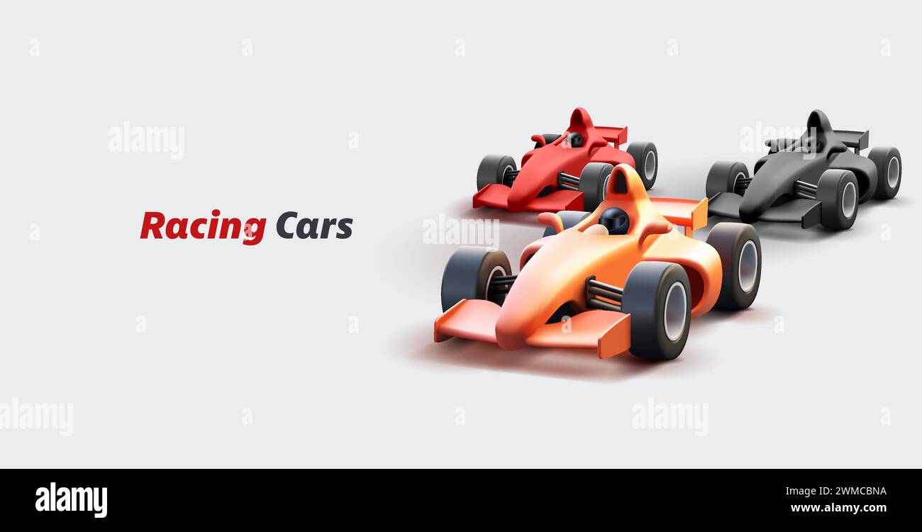 Speedsport Cars Banner Fahren mit hoher Geschwindigkeit, schnelle Rennwagen 3D-Rendering-Illustration, moderne realistische Modelle, Banner Stock Vektor