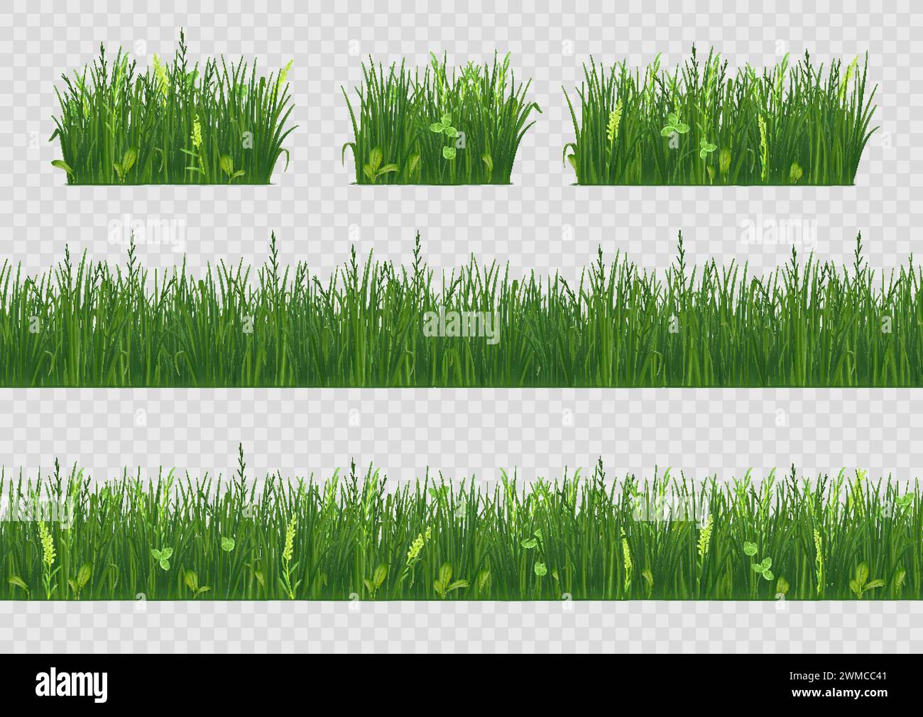 Frühlingsgras. 3D-Feldvegetation, frische grüne Rasenwiesen, Parklandschaft Farm Bar oder Border for Ecology Banner. Realistische natürliche Umgebung. Sommerkräuterpflanzen. Vektor-isolierte Botanik-Gruppe Stock Vektor