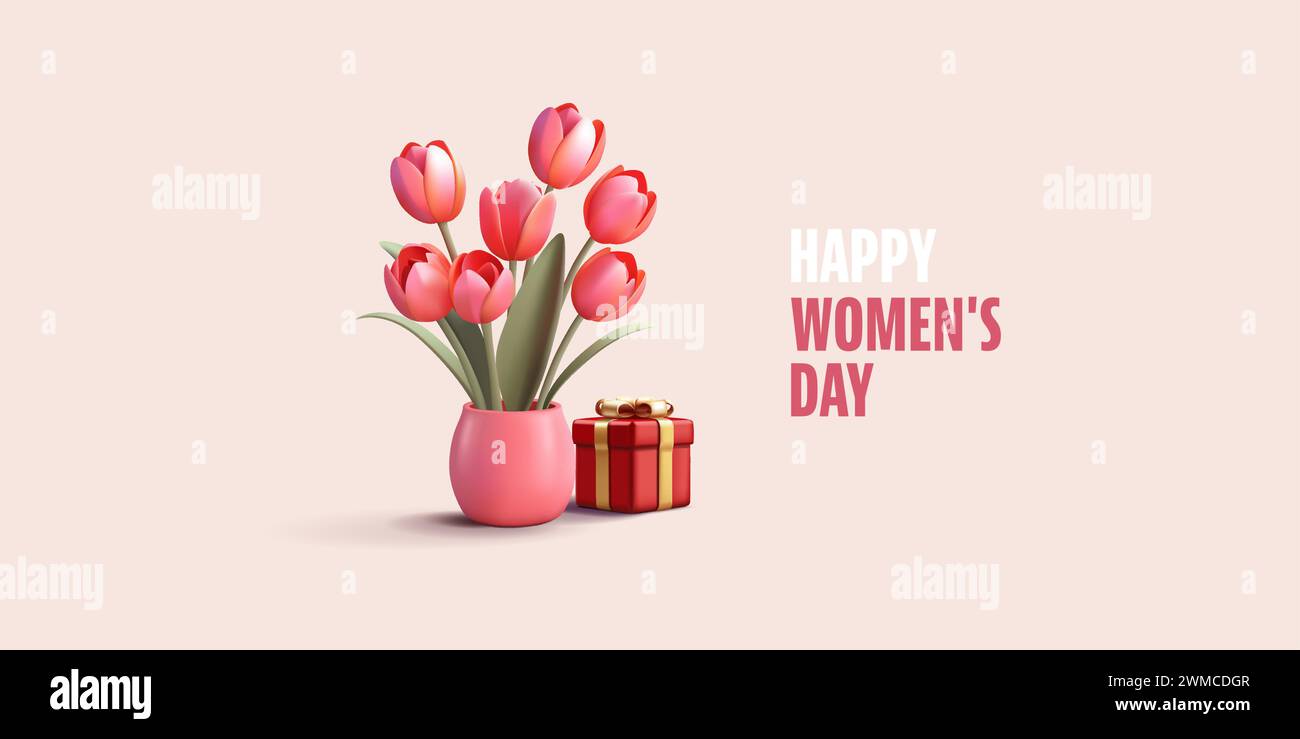 Realistisches 3D-Rendering Frühlingstulpen Blumenstrauß für Frauen- oder Muttertagsgrußkarten-Banner Stock Vektor