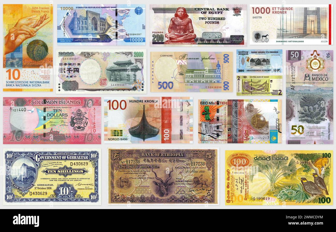 Welt-Papier-Geld-Collage, farbenfrohe Währung Banknotenhintergrund Stockfoto