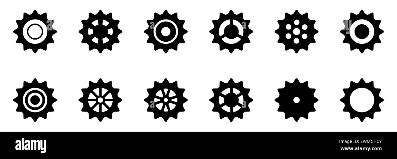 Symbolsatz Gänge. Symbol „Einstellen der Gänge“. Sammlung mechanischer Zahnräder. Weißer Hintergrund. Vektorillustration mit schwarzen Kettenradsymbolen Design el Stock Vektor