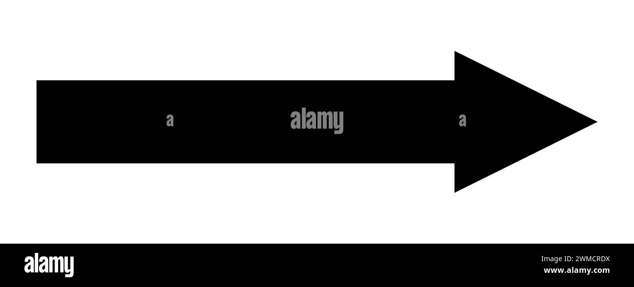 Ein großes schwarzes Symbol mit einem durchgehenden langen Pfeil, der auf weißem Hintergrund nach rechts zeigt. Stock Vektor