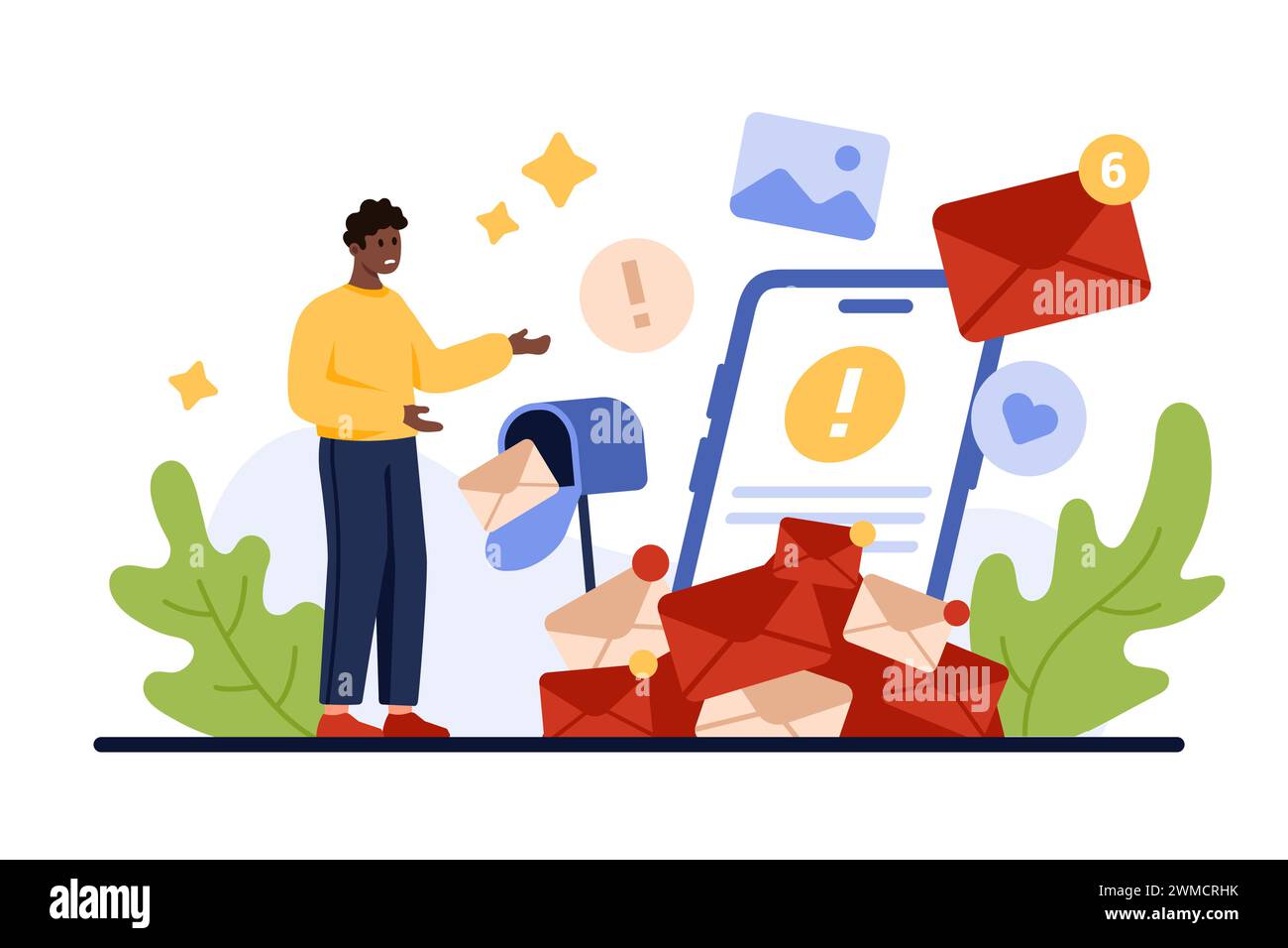 E-Mail-Spam-Überladung. Winziger Mann in Angst und Stress von der Online-Zustellung von vielen Spam-Briefen und Dokumenten, die aus der vollen Mailbox fallen, Warnmeldung auf dem Telefon-Bildschirm Cartoon-Vektor-Illustration Stock Vektor