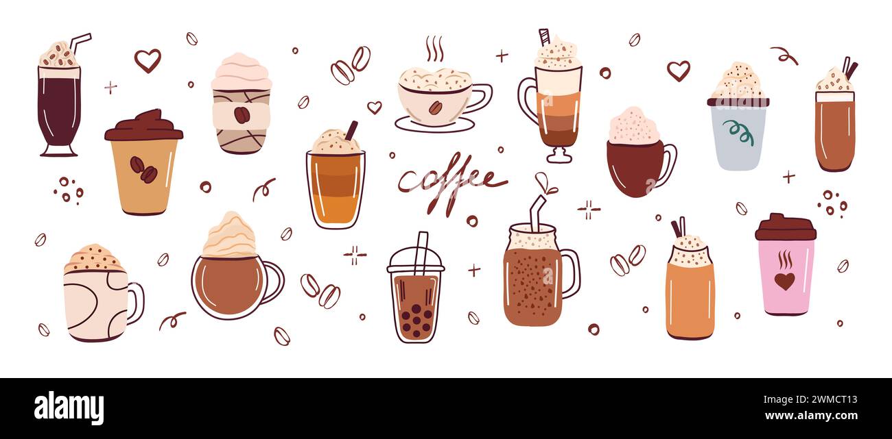 Verschiedene Kaffeesorten. Set-Getränk. Vektor-Illustrationen für Kaffeetassen isoliert auf weißem Hintergrund. Espresso, Americano, Cappuccino, Latte Tasse, Kaffee Stockfoto