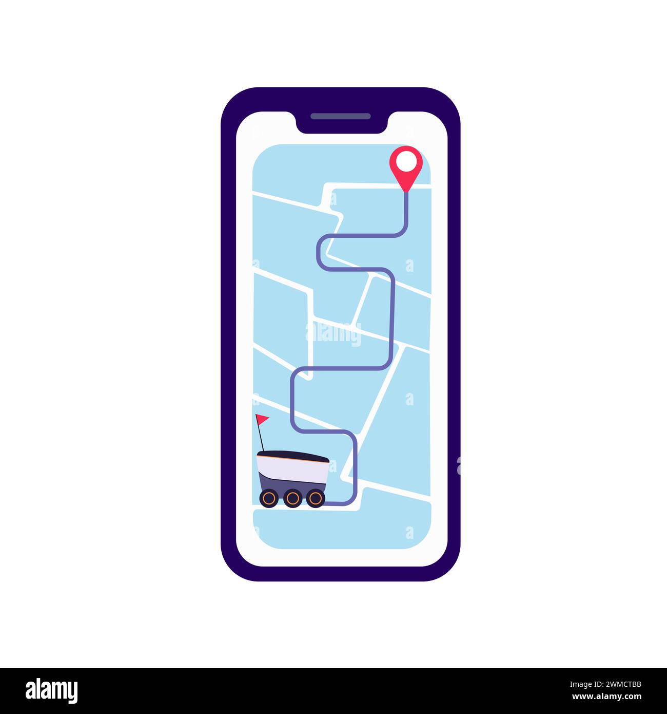 Online-Service für die Bereitstellung. Der Lieferroboter ermöglicht eine schnelle Lieferung mit der Smartphone-App. Autonome Transportfahrzeug-Standortkarte des Telefons. Vektor Stockfoto