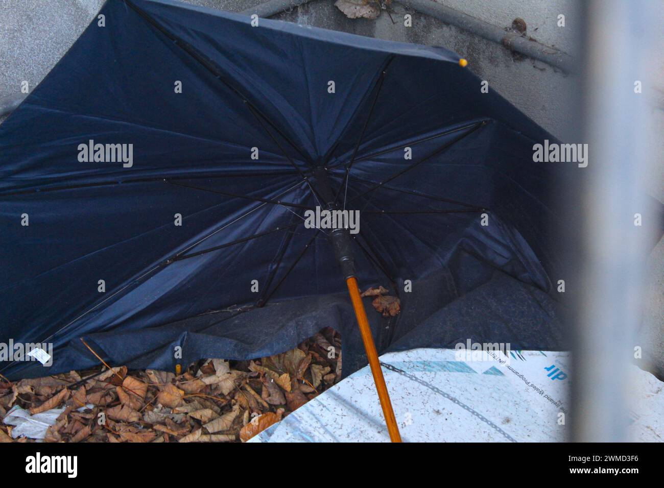 Dublin, Irland - 24. Februar 2024: Nahaufnahme eines schwarzen Regenschirms auf einem Stapel von Blättern verlassenen und isolierten. Stockfoto