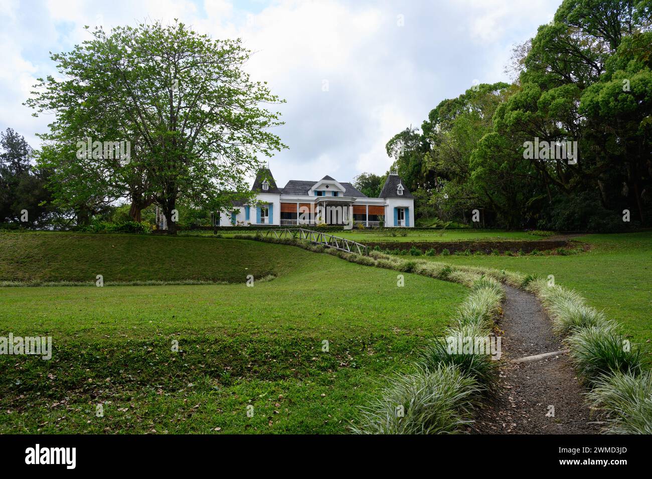 Le Domaine des Aubineaux Plantation Estate Museum Außenansicht des Hauses und des Gartenparks in Curepipe Mauritius an der Tea Route Stockfoto