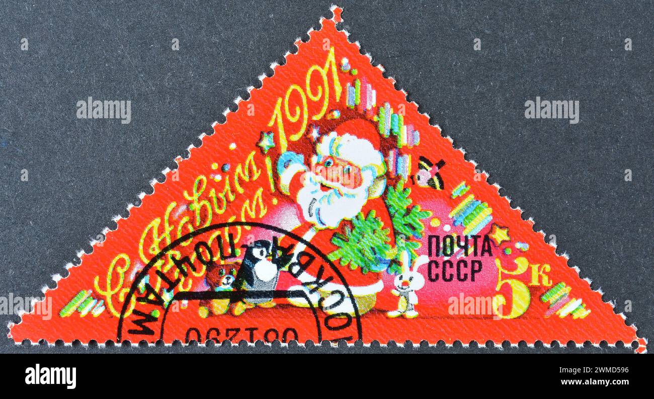 Gestempelte Briefmarke, gedruckt von der Sowjetunion, die den Weihnachtsmann, Happy New Year, 1991, um 1990 zeigt. Stockfoto