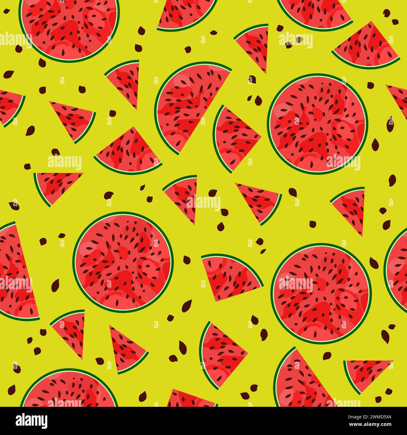 Helles appetitliches nahtloses Wassermelonenmuster auf gelbem Hintergrund. Vektor-Illustration für Sommerfrucht Design. Schneiden Sie frische Lebensmittel in Scheiben. Ziemlich rep Stockfoto