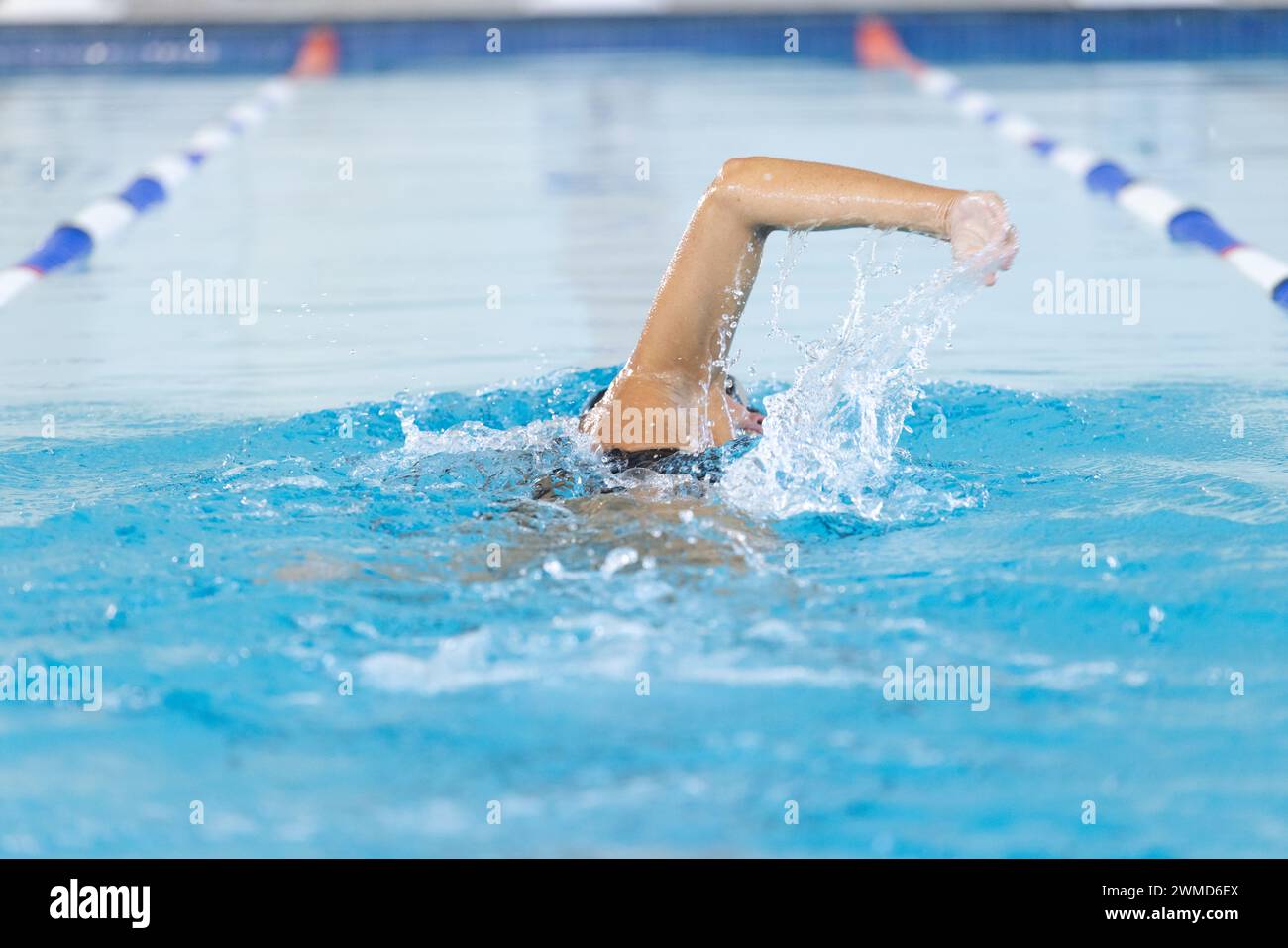 Der Athlet schwimmt während eines Wettkampfs in einem Pool, mit Kopierraum Stockfoto