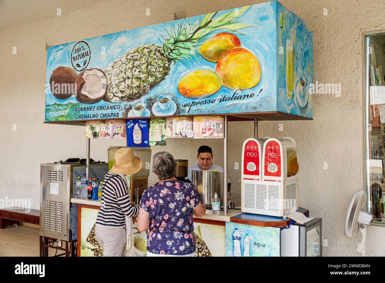 Merida Mexico, Uxmal Essen tropische Frucht Getränk Verkäufer, Mann Männer Männer männlich, Frau Frauen weiblich, Erwachsene Erwachsene Erwachsene Bewohner, Angestellte Arbeiter wo Stockfoto