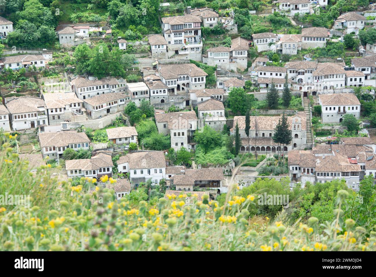 Blick vom Festungshügel auf die Altstadt von Berat, Weltkulturerbe Stockfoto