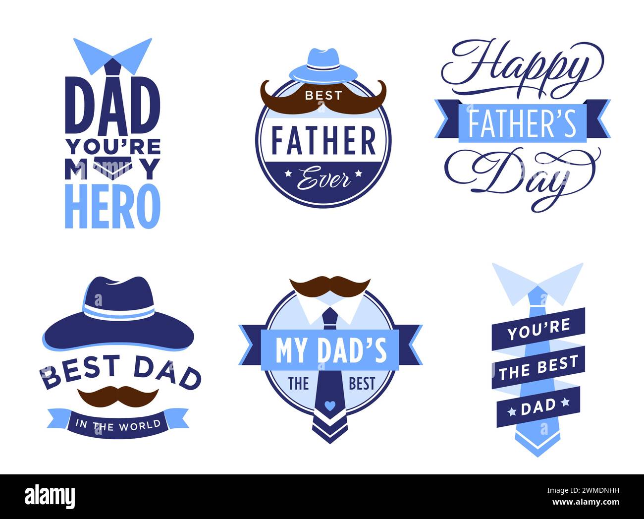 „Happy Vatertag“. Männliche Abzeichen mit Hut, Schnurrbart und Krawatte, bester Vater der Welt, mein Held. Geschenk für Vater Stock Vektor