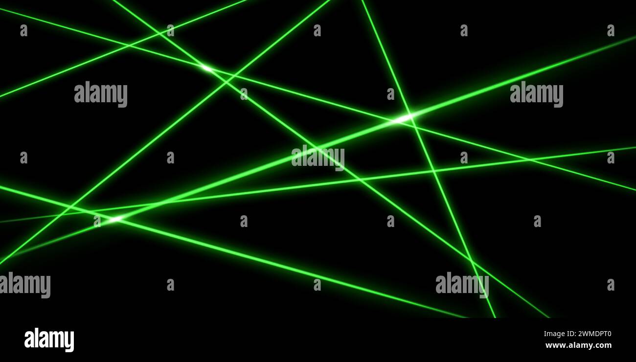 Grüne, sich schneidende Laserstrahlen, glühende Streifen. Abstrakte Vektorillustration isoliert auf schwarzem Hintergrund. Stock Vektor