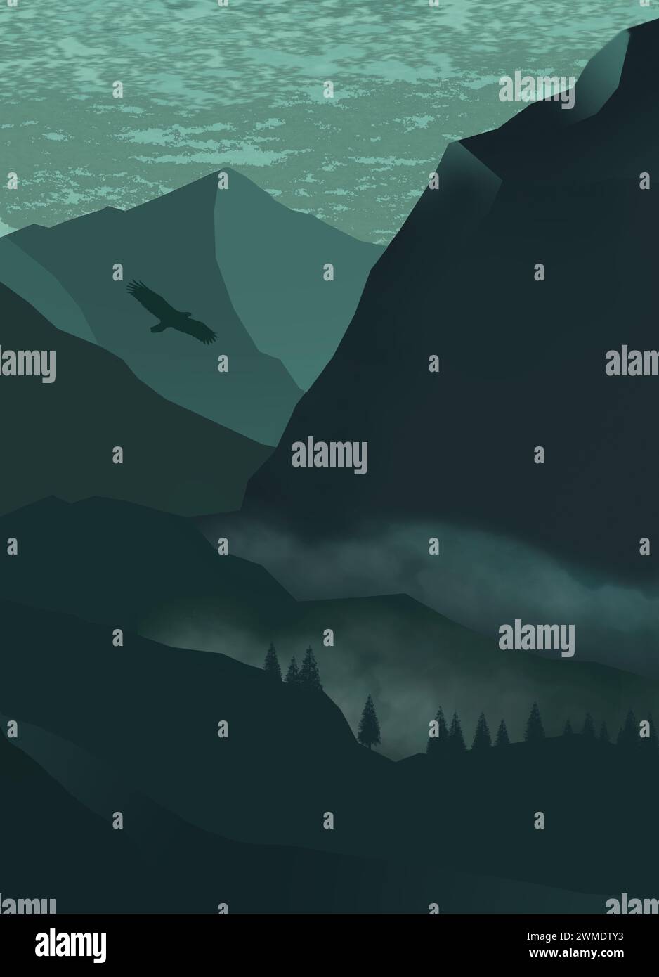 Ein Bergtal ist in Grüntönen in einer 3D-Illustration zu sehen. Stockfoto
