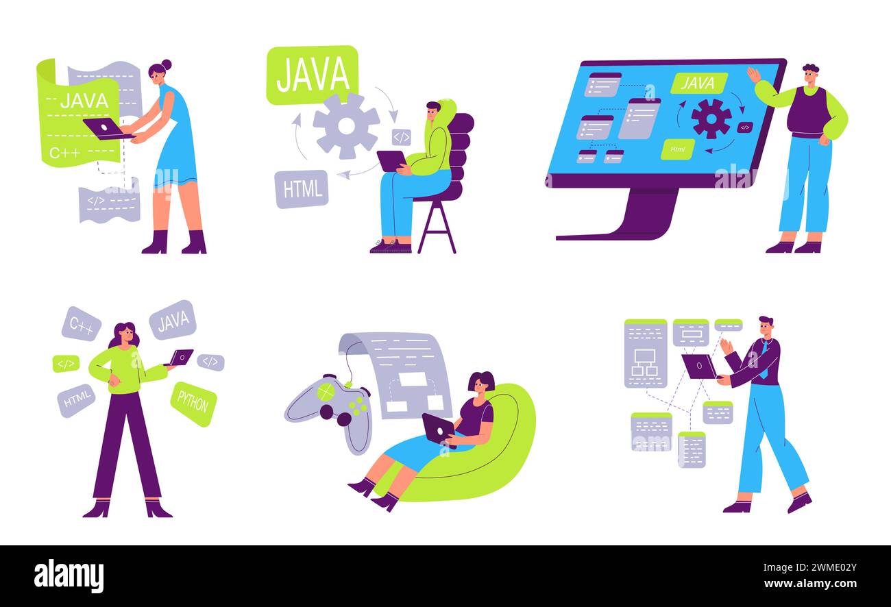 Webentwickler, Softwareprogrammierer arbeiten an Illustrationen. Testgeräte prüfen die Qualität und beheben Fehler Stock Vektor