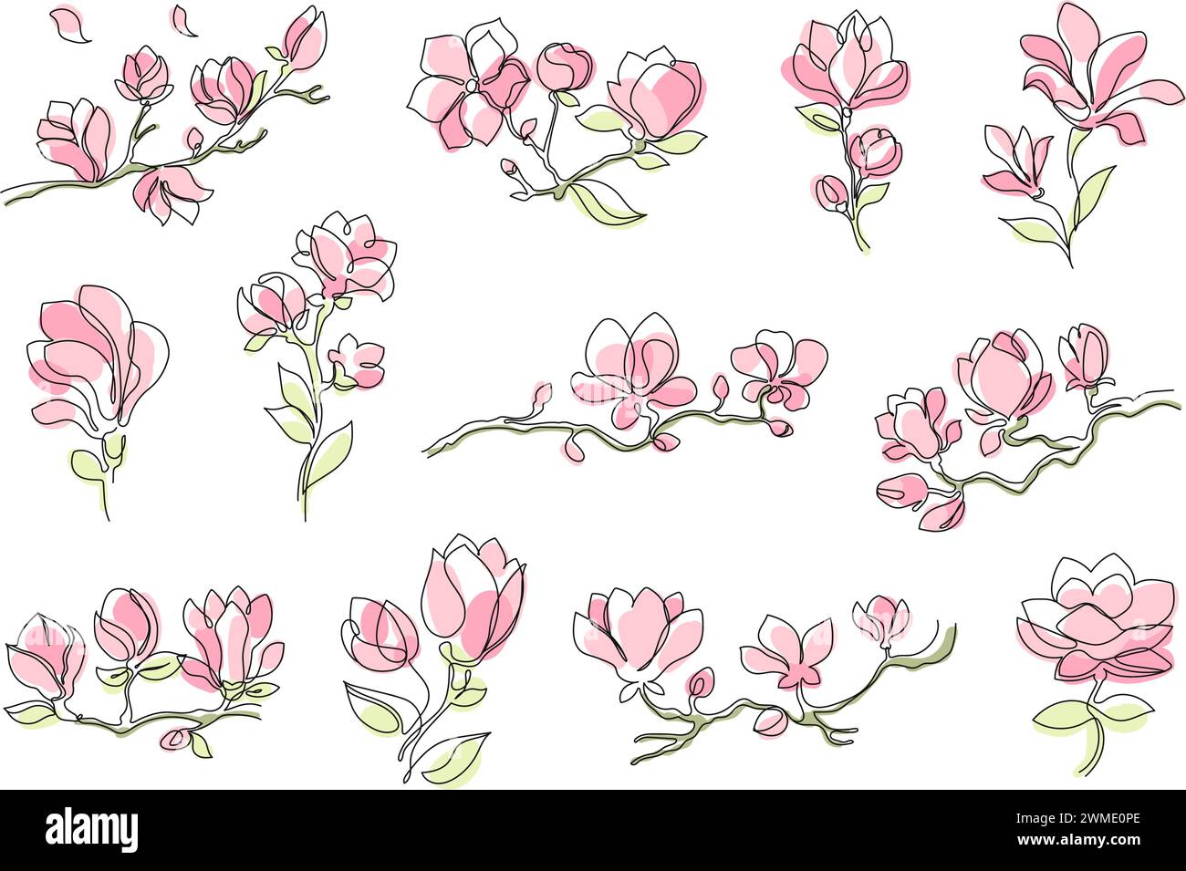 Magnolienblüten. Zarte Blumenkunst, blühende Magnolien-Zweige für Hochzeitseinladungen im Frühling oder Grußkarten. Dekorativ Stock Vektor