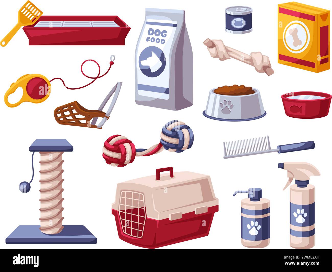 Heimtierprodukte. Katzenklammer, einziehbare Leine, maulgedeckter Korb, Spielzeug und Futter für Hunde und Katzen Karikaturvektor-Illustration Set Stock Vektor