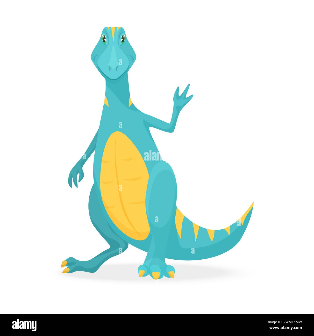 Niedlicher Drache, entzückende blaue und gelbe Märchenkreatur winkende Pfotenvektor Illustration Stock Vektor