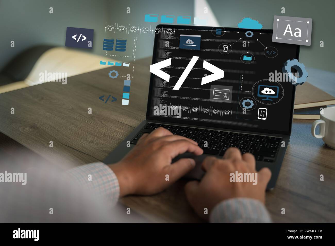 Coding Web man Hands Coding HTML und Entwickler Software Programmierung auf Bildschirm Laptop Computer Eingabe Daten Code Website, Programmierung mit HTML Technolo Stockfoto