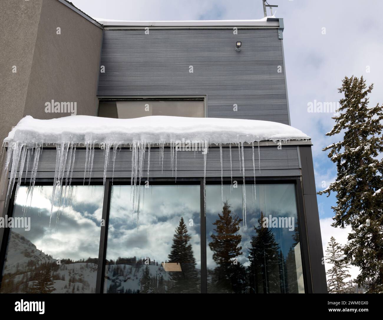 Scharfe Eiszapfen aus schmelzendem Schnee. Stockfoto