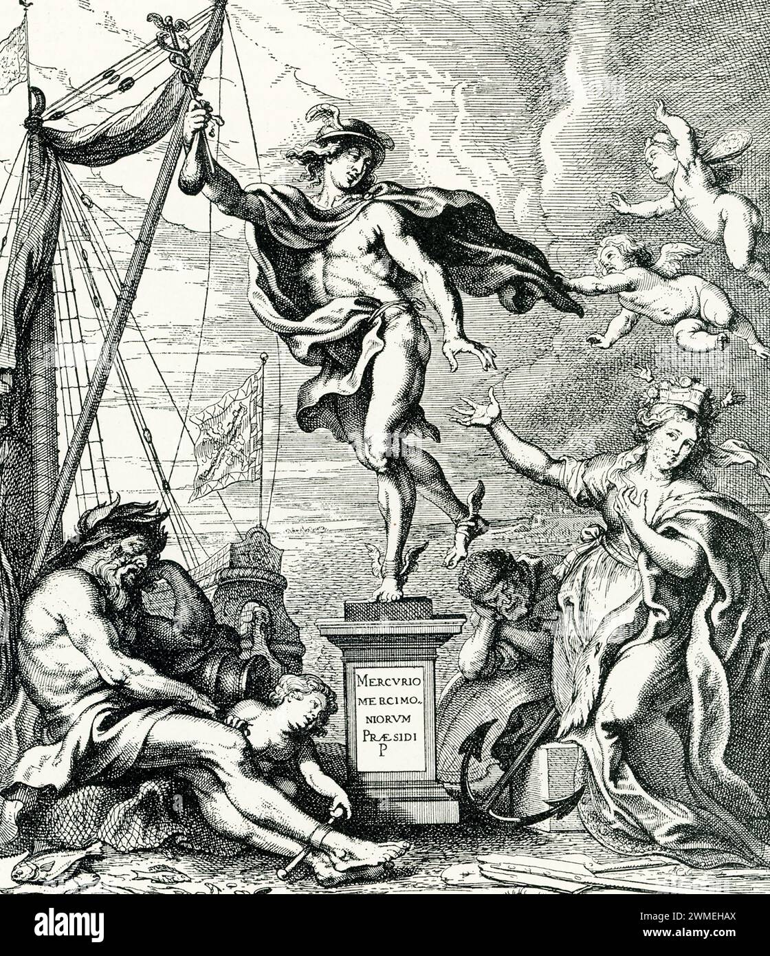 Dieses Stück basiert auf einer Zeichnung von Peter Paul Rubens und zeigt den Handel (eine Personifikation des Handels, der Antwerpen verlässt). Sir Peter Paul Rubens (* 1640) war ein flämischer Künstler und Diplomat. Er gilt als der einflussreichste Künstler der flämischen Barocktradition. Stockfoto