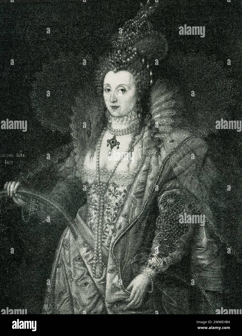 Hier wird Elisabeth I. von england als Symbol der Weisheit dargestellt.Elisabeth I. war vom 17. November 1558 bis zu ihrem Tod 1603 Königin von England und Irland. Sie war die letzte Monarchin des Hauses Tudor. Elisabeth war das einzige überlebende Kind von Heinrich VIII. Und Anne Boleyn, seiner zweiten Frau, die hingerichtet wurde, als Elisabeth zwei Jahre alt war. Dieses allegorische Gemälde stammt von dem 1609 verstorbenen italienischen Künstler Frederic Zucchero. Stockfoto
