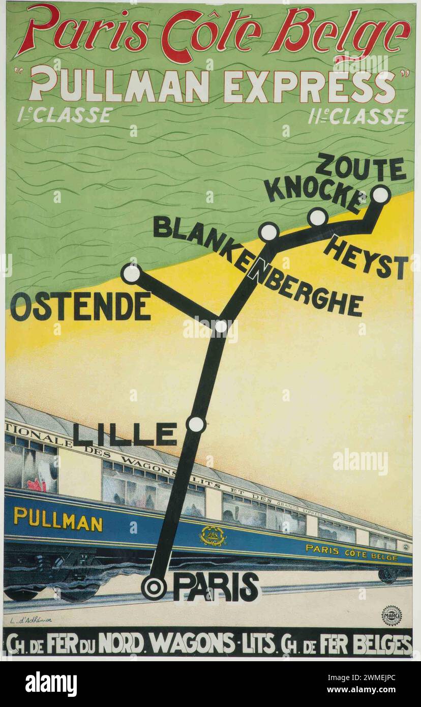 Oldtimer-Reiseposter für Paris Cote Belge, Pullman Express, Belgische Eisenbahn. Von Dadhemar de Panat 1920er Jahre Stockfoto