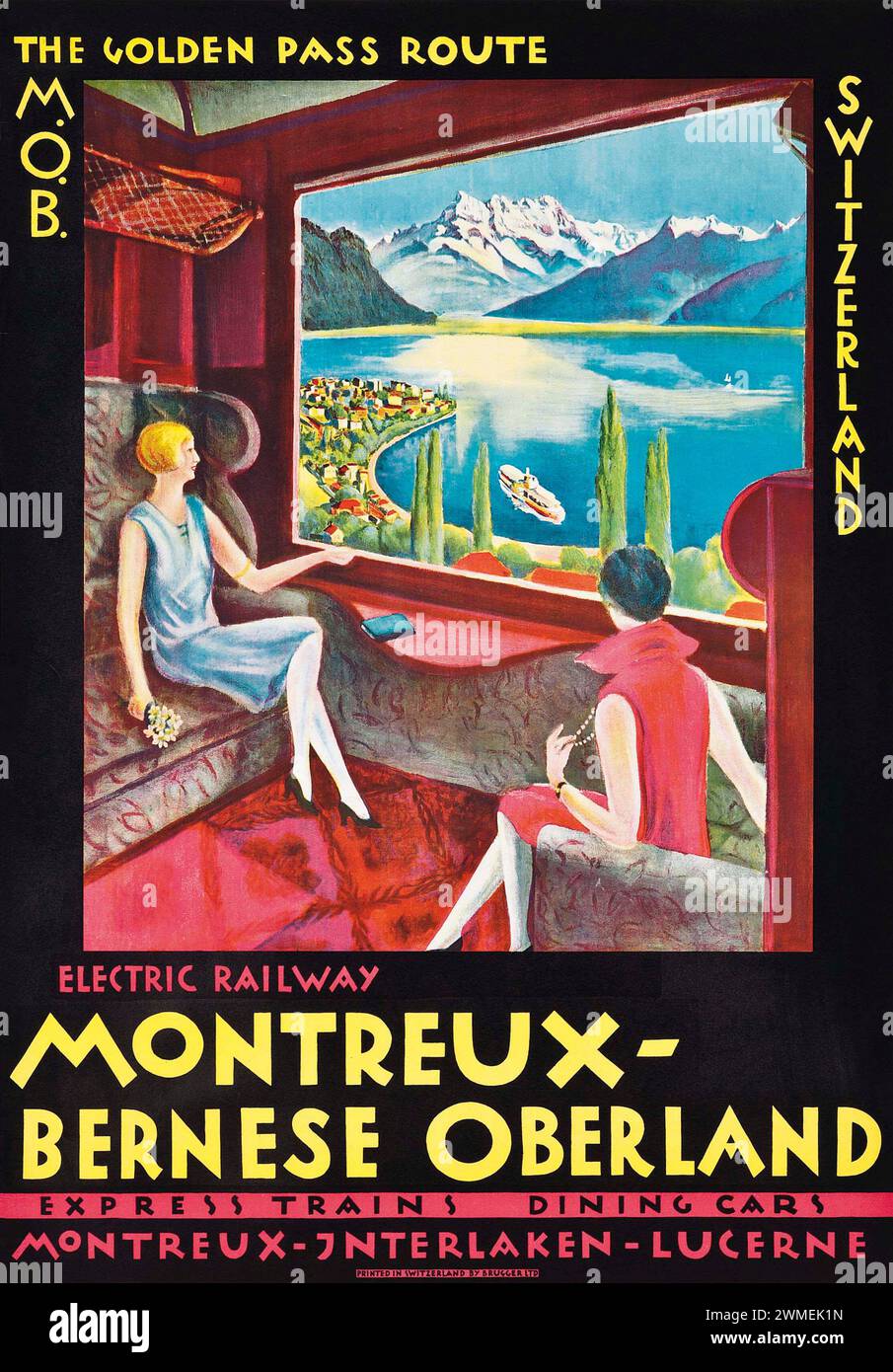 Oldtimer-Bahnreiseposter für den Montreux Bernese Oberland Express-Zug. Schweiz, 1920er Jahre Stockfoto