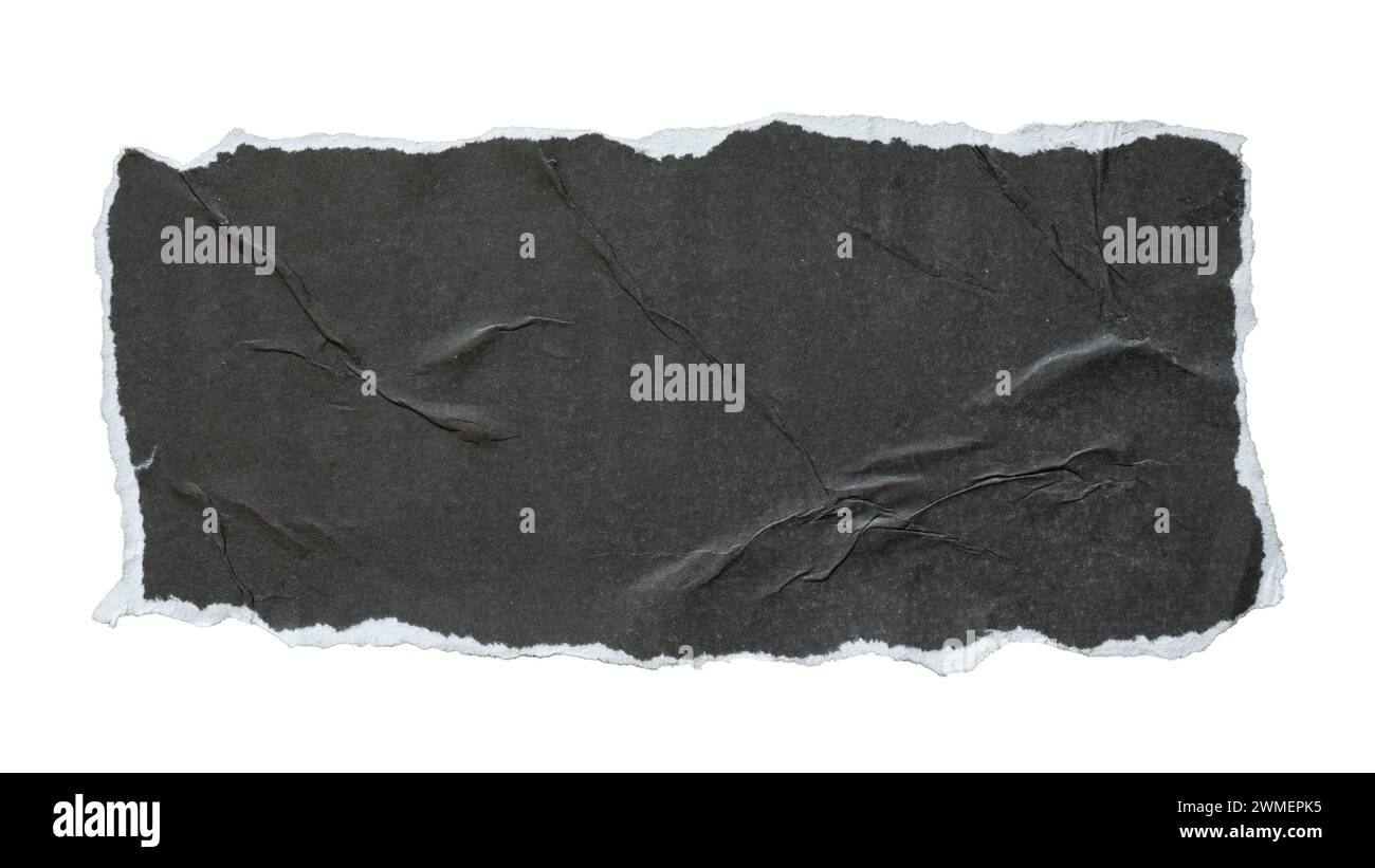 Abgerissenes rechteckiges schwarzes Papier zur Verwendung als Textfeld auf weißem Hintergrund mit Beschneidungspfad Stockfoto