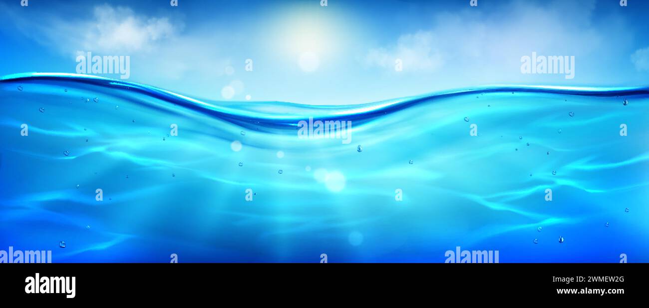 Meer- oder Ozeanwasseroberfläche mit Unterwasser mit Blasen, Sonnenstrahlen und Himmel mit Wolken Hintergrund Texturen. Realistischer Vektor des blauen Unterwasseraquu Stock Vektor