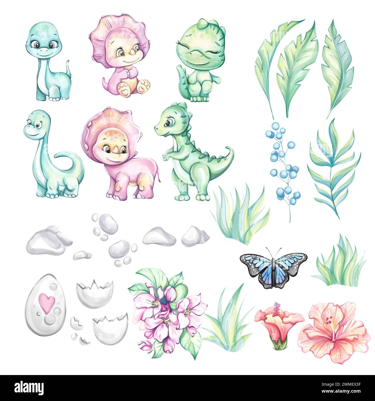 Aquarellset Baby-Dinosaurier mit tropischen Blättern und Blumen. Dino Ei, Clipart für Babydusche, Kinderzimmer, Aufkleber, Drucke mit historischen Tieren. Ist Stockfoto