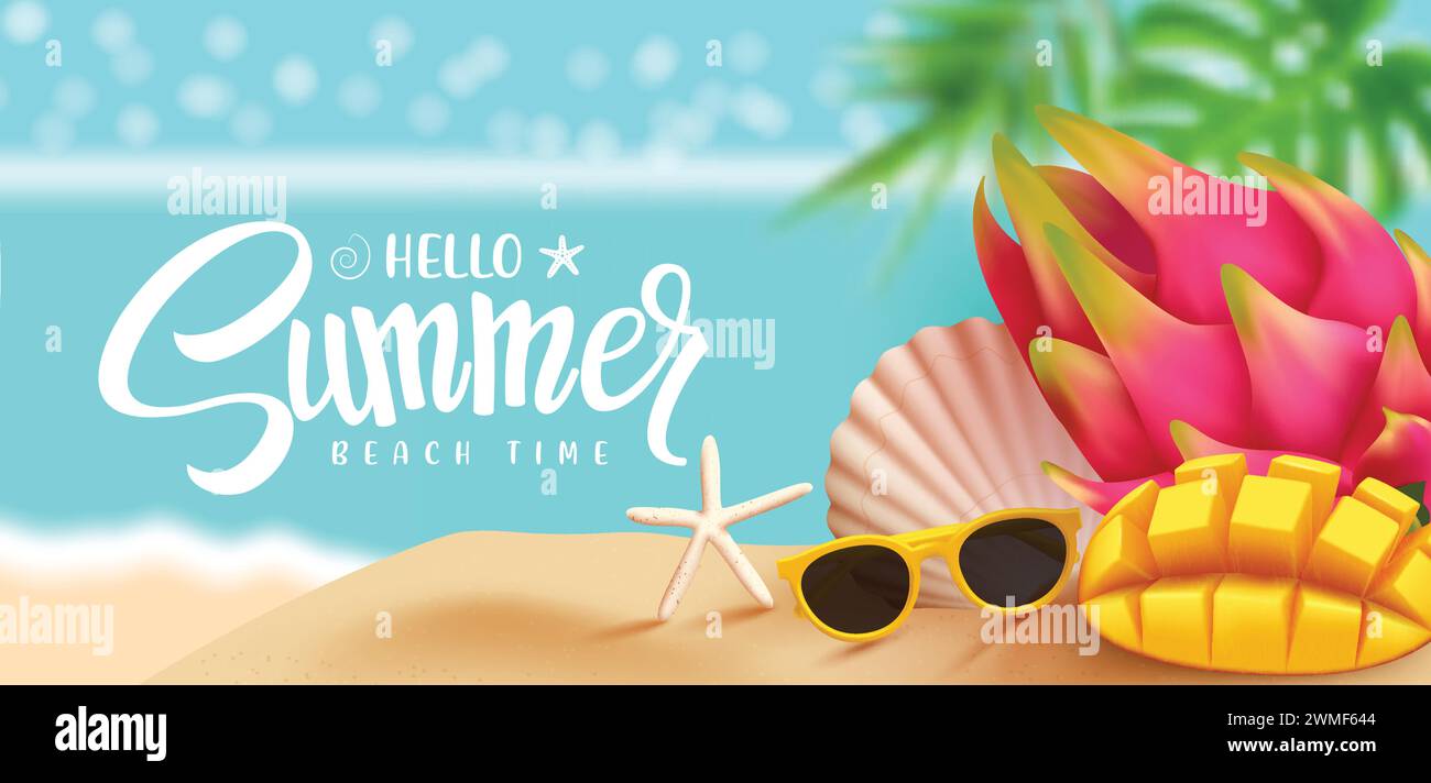 Sommer-Hello-Gruß-Vektor-Design. Hallo Sommer Grußtext im Strandhintergrund mit Drachenfrucht, Mango, Sonnenbrille und Schalenelementen für die Sonne Stock Vektor