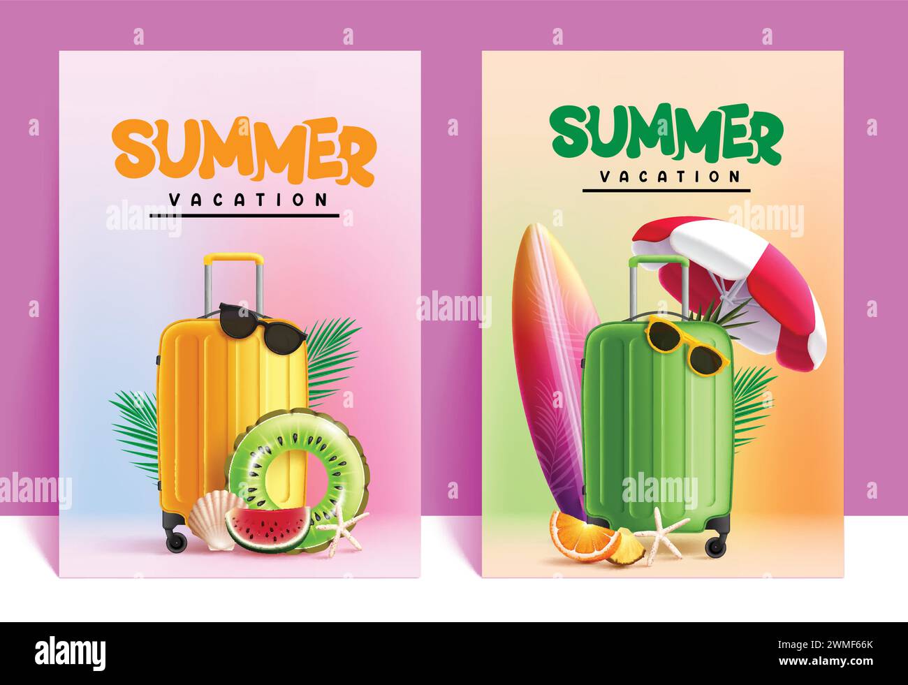 Vektor-Poster-Set für Sommerferien. Text für den Sommerurlaub mit Gepäck, Schwimmer, Sonnenbrille und Surfbrettreiselementen für die saisonale Postkarte Stock Vektor