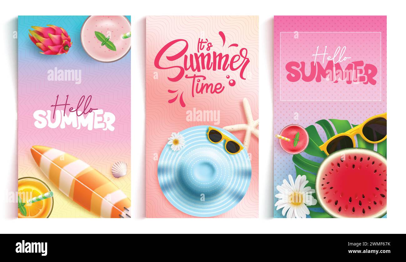 Sommer Hallo Gruß Vektor Poster Set. Begrüßungstext zur Sommerzeit im Musterbereich mit Mütze, Surfbrett, Saftgetränk und Sonnenbrille Dekorationselement Stock Vektor
