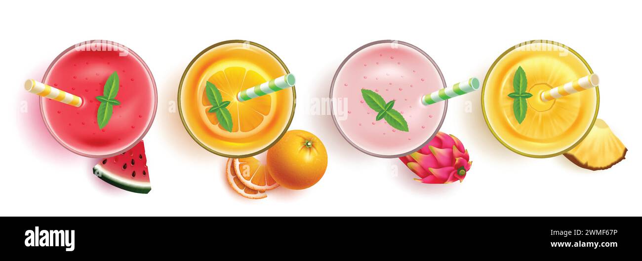Sommer Getränk Saft Vektor Set Design. Tropische Fruchtgetränke im Sommer in einer Kollektion mit Wassermelonen-, Orange-, Drachenfrüchten- und Kiefernapfelgeschmack für die Saison Stock Vektor