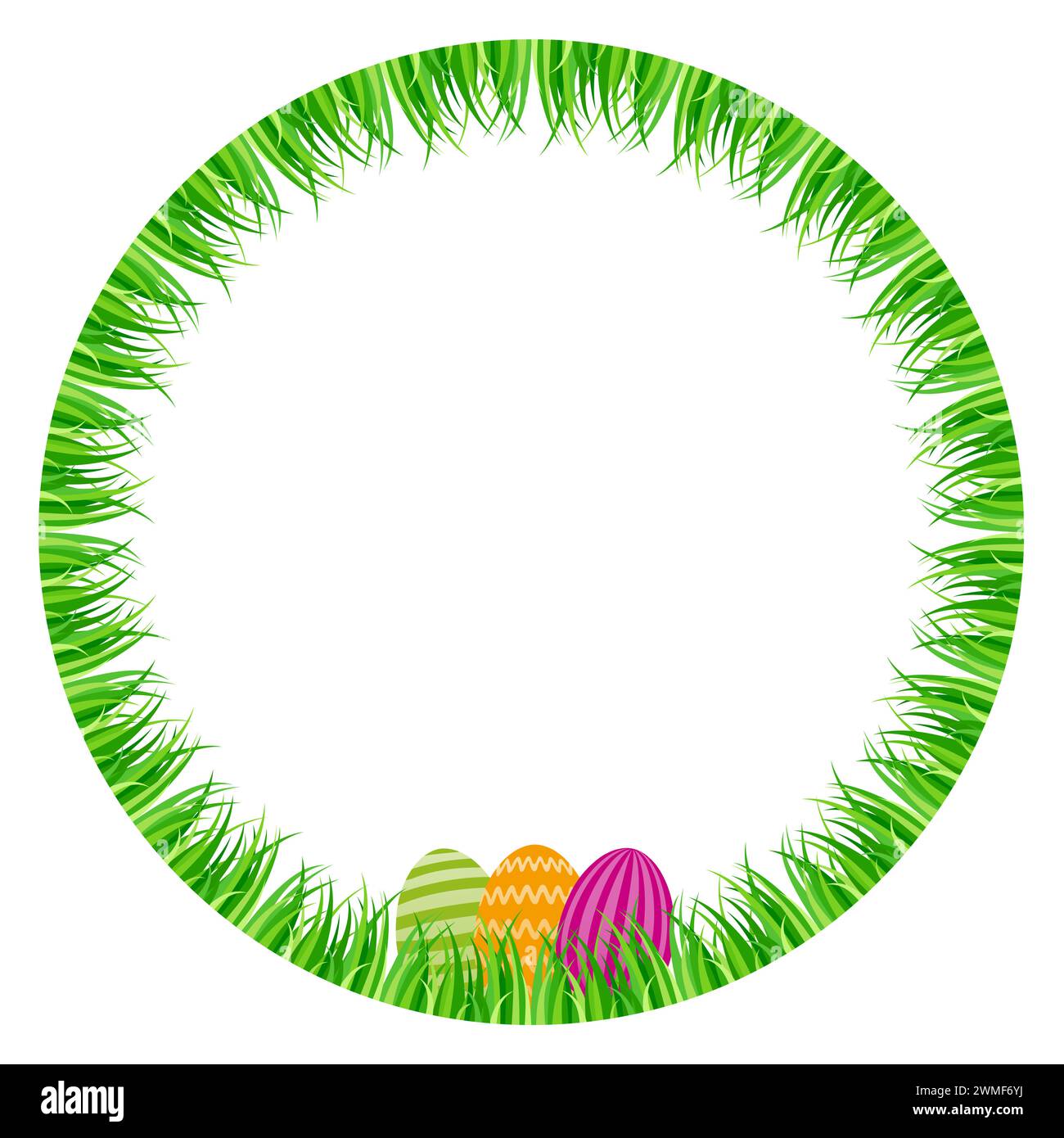 Ostereier versteckt in einem grünen Graskreis. Bunte Paschal-Eier, angeordnet auf einem runden Rasen. Symbol für Eierjagd, eine Schatzjagd zu Ostern. Stockfoto