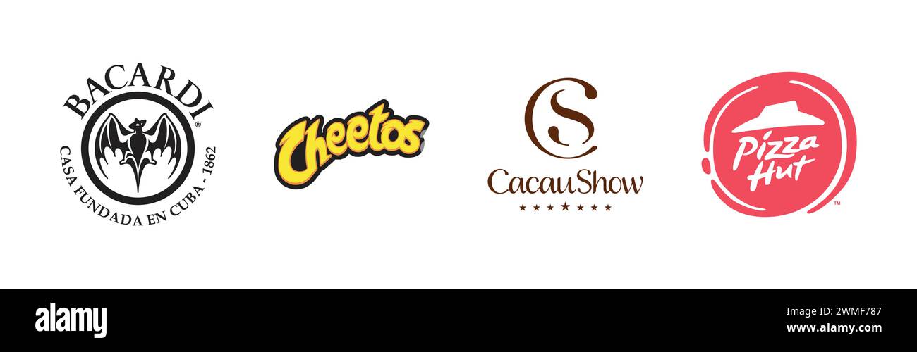 Cheetos, Cacau Show 2017, Bacardi, Pizza Hut, beliebte Markenlogo-Kollektion Stock Vektor