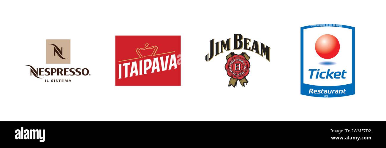 Nespresso, Ticket Restaurant, Jim Beam, Itaipava, beliebte Markenlogos Stock Vektor