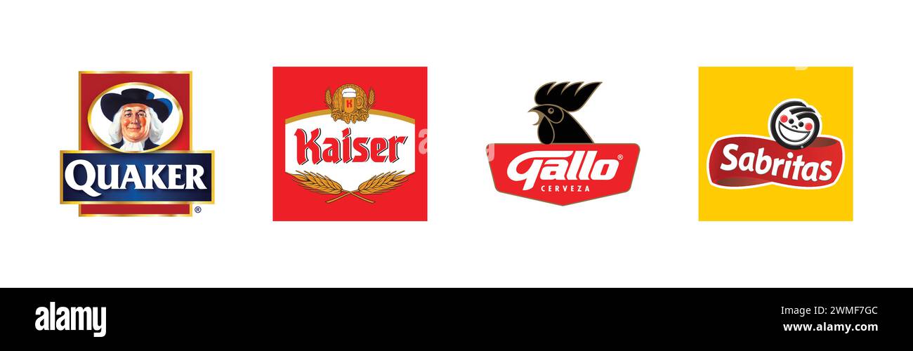 Quaker Oats 2007, Kaiser Cerveja, Sabritas, Gallo Cerveza, beliebte Logo-Kollektion Stock Vektor